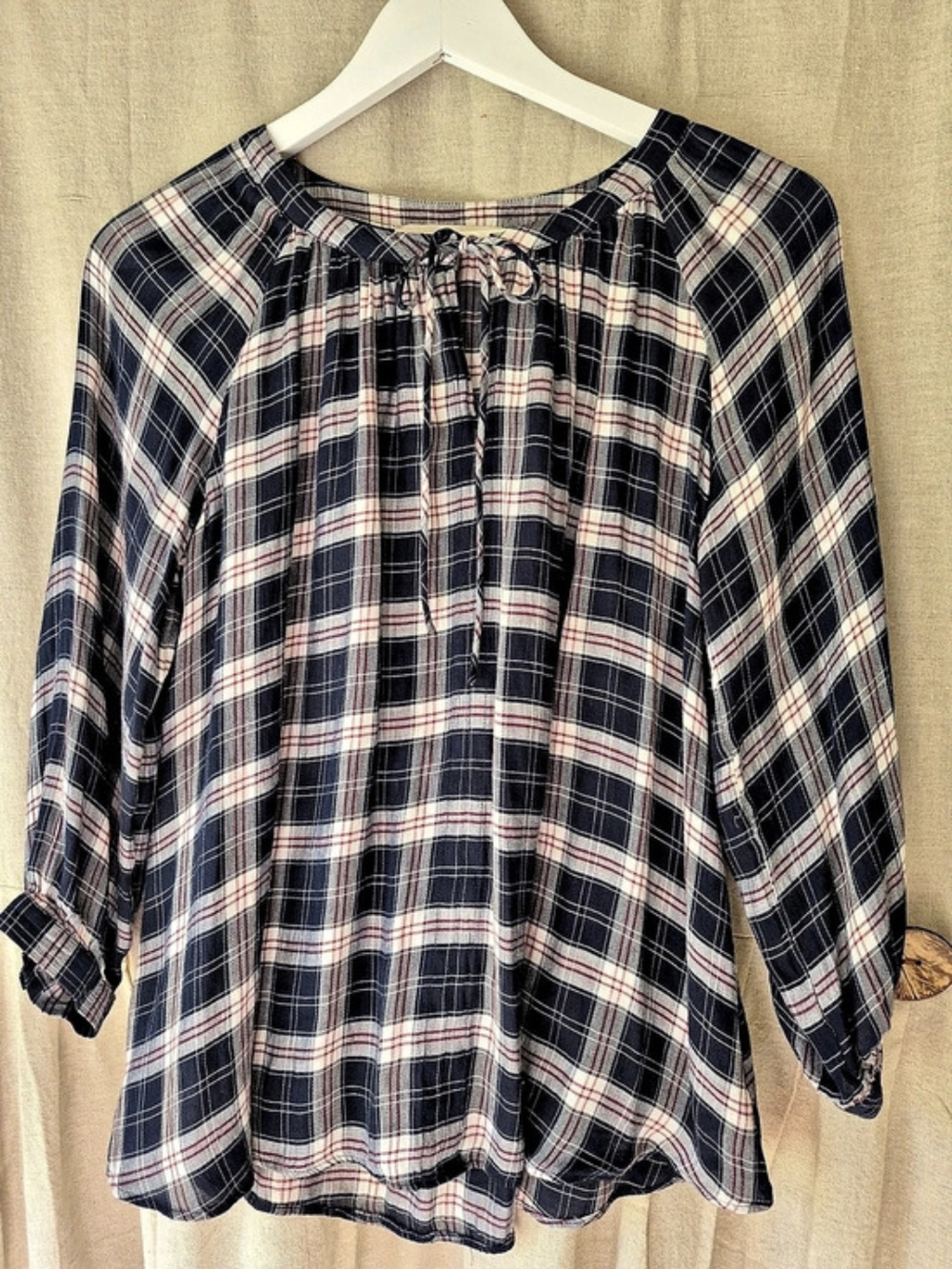 LOFT Plaid Blouse in Blue & White Size Small